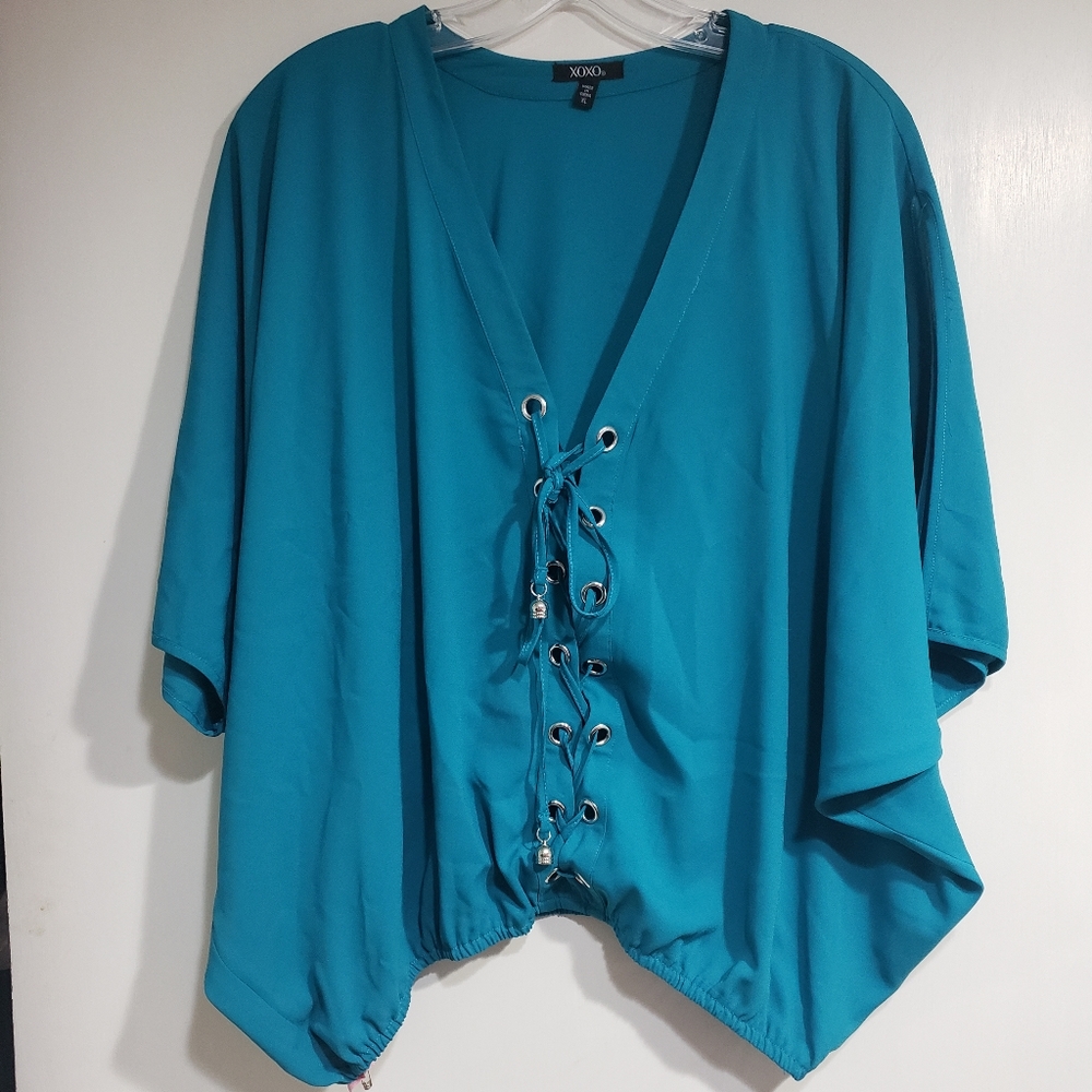 Blue lace up blouse